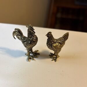 Mini Brass Rooster and Hen Figurine Set